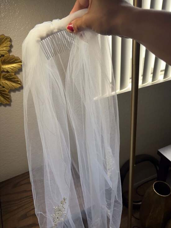 Two-Layer Tulle Bridal Veil with Pearl and Bead Embellished Appliqués and Comb main image 4